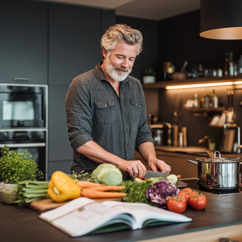 Мъж на 58 години готви здравословна храна в модерна кухня, на масата има свежи зеленчуци и белезник с хранителен план