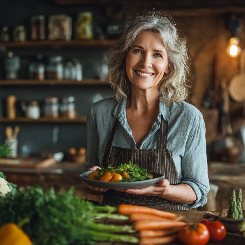 Усмихната жена на 55 години държи чиния със здравословна храна, седи на кухненската маса с много свежи зеленчуци около нея